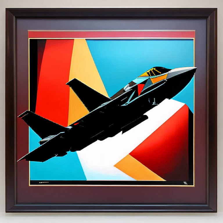 Stylized fighter jet art on bold geometric background