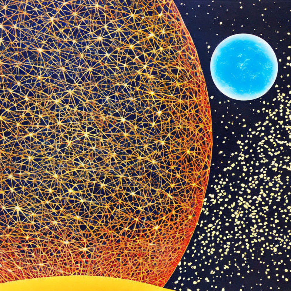 Colorful geometric planet with blue moon and starry sky artwork