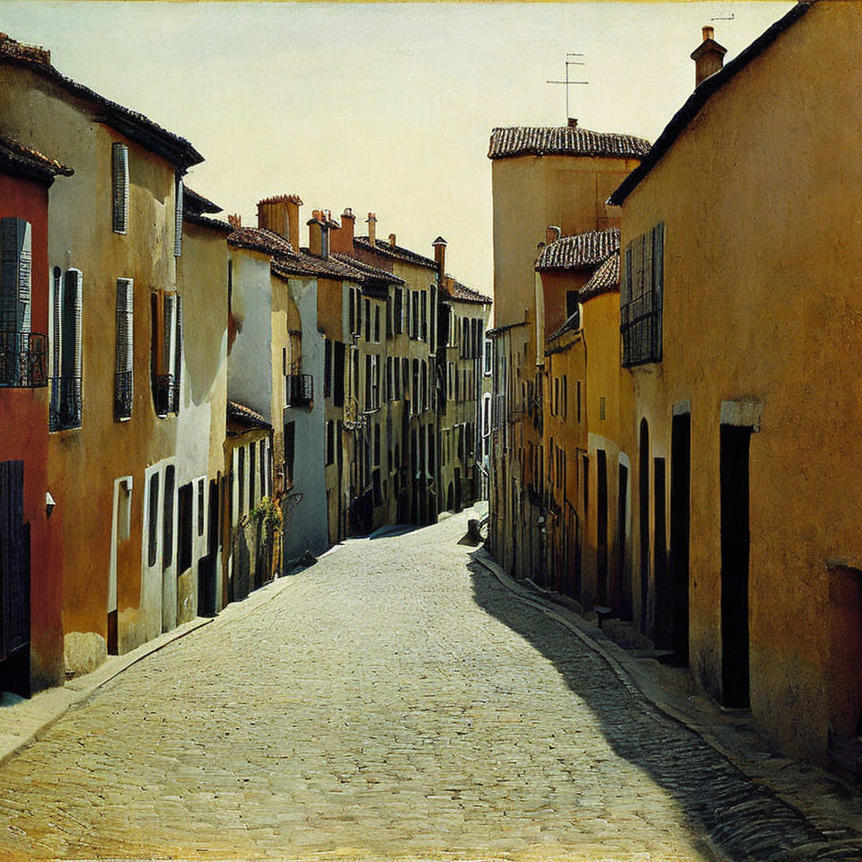 Traditional European houses on cobblestone street under clear sky