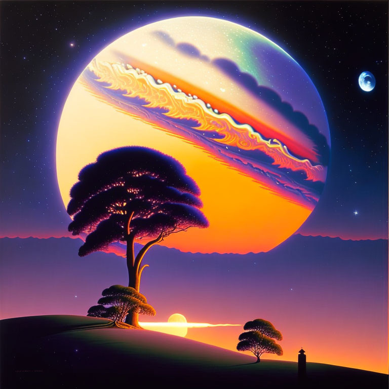 Colorful surreal landscape with large planet and lone figure.