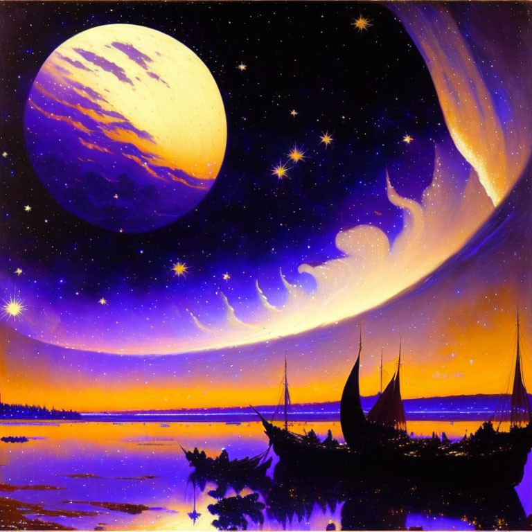 Vibrant Planet and Stars Over Calm Waters Scene