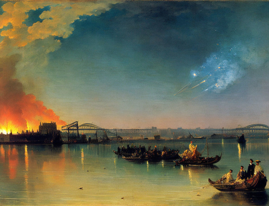 Nighttime River Scene with Boats, City on Fire, Comet, and Bridge in 19th