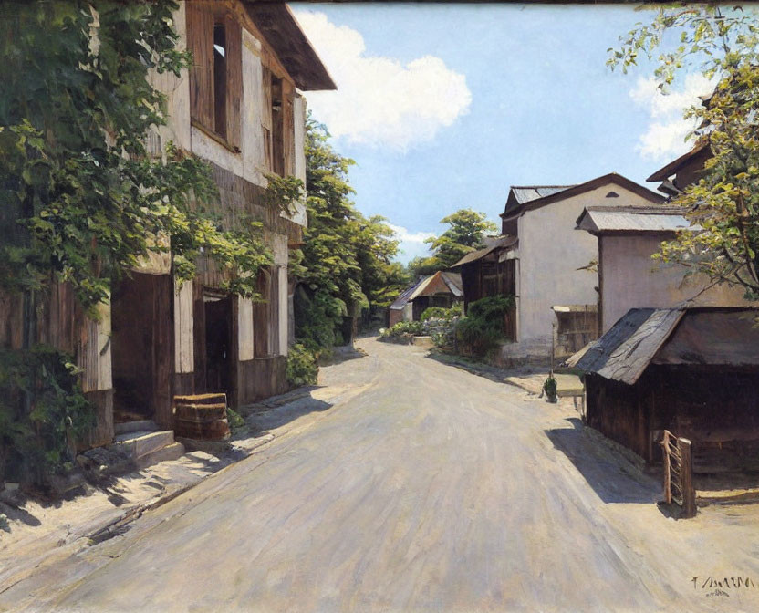 Traditional Village Street with Greenery and Blue Sky in Realistic Style