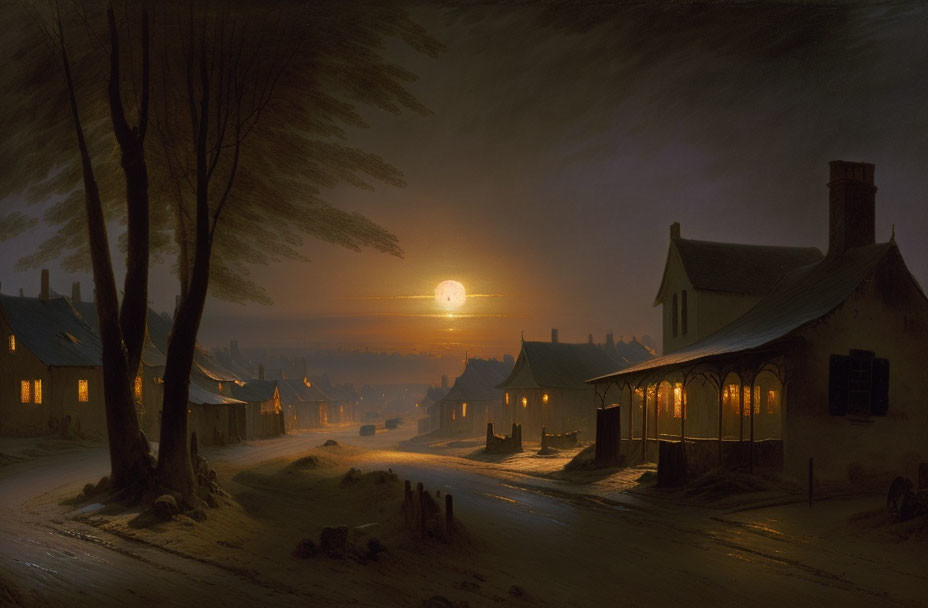 19th-Century Village Street Painting at Dusk