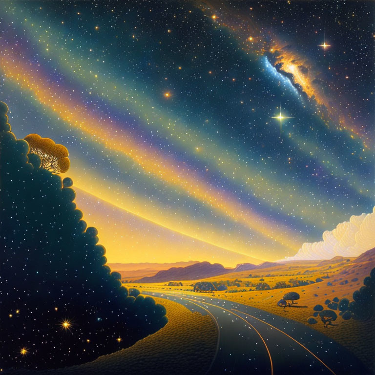 Surreal landscape with starry sky and winding road through hills