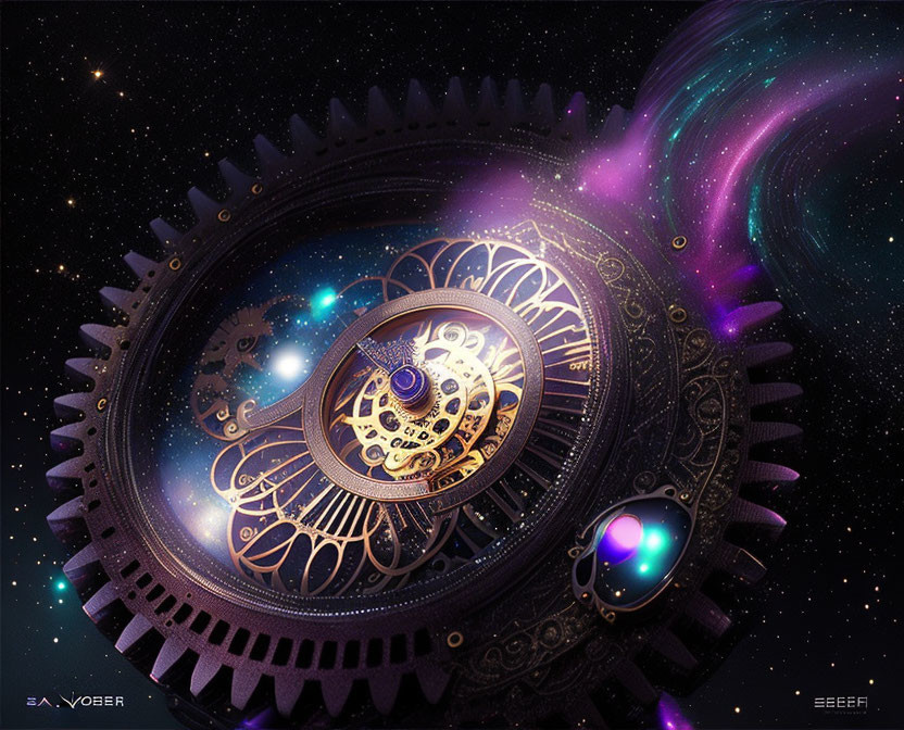 Cosmic-themed mechanical clock in starry space backdrop