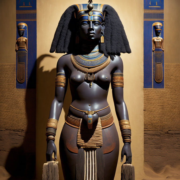 Egyptian goddess statue with headdress and jewelry against ancient hieroglyphic wall