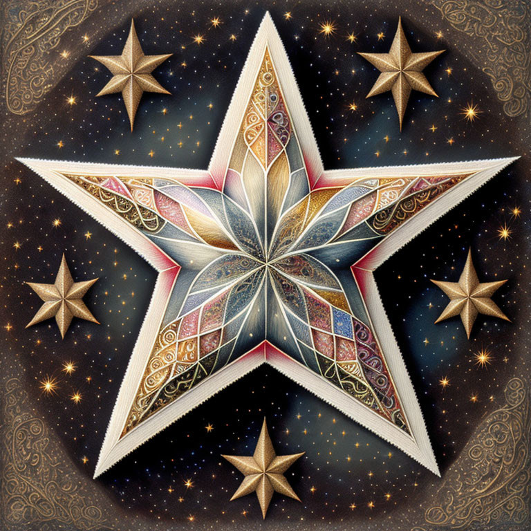 Detailed Illustration: Large Ornate Star Surrounded by Smaller Stars on Textured Cosmic Background