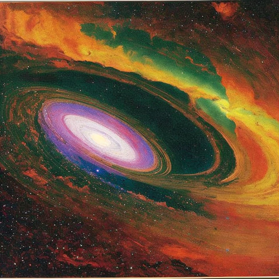 Colorful swirling galaxy surrounded by vibrant nebulae in red, yellow, and green