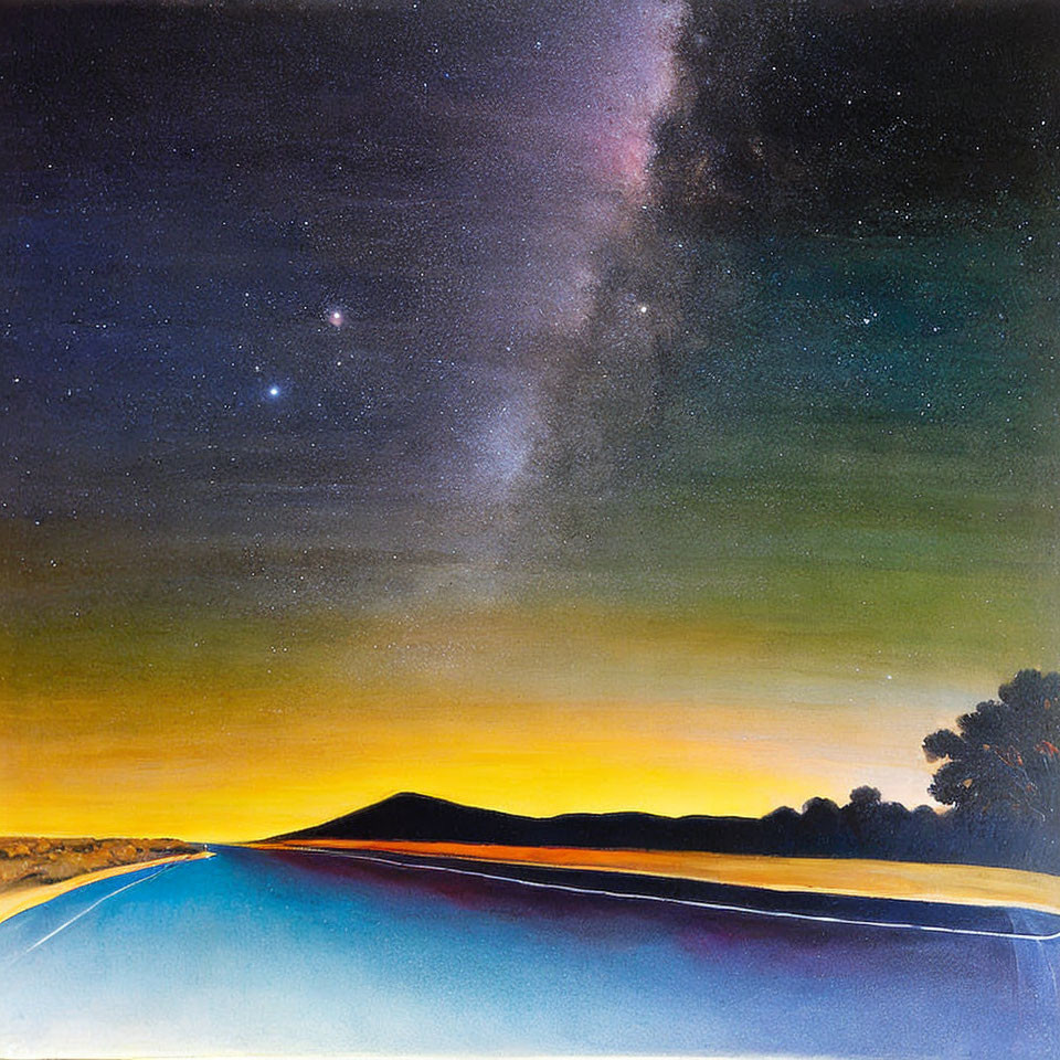 Vibrant painting of starry sky merging with sunset horizon over road to distant hills.