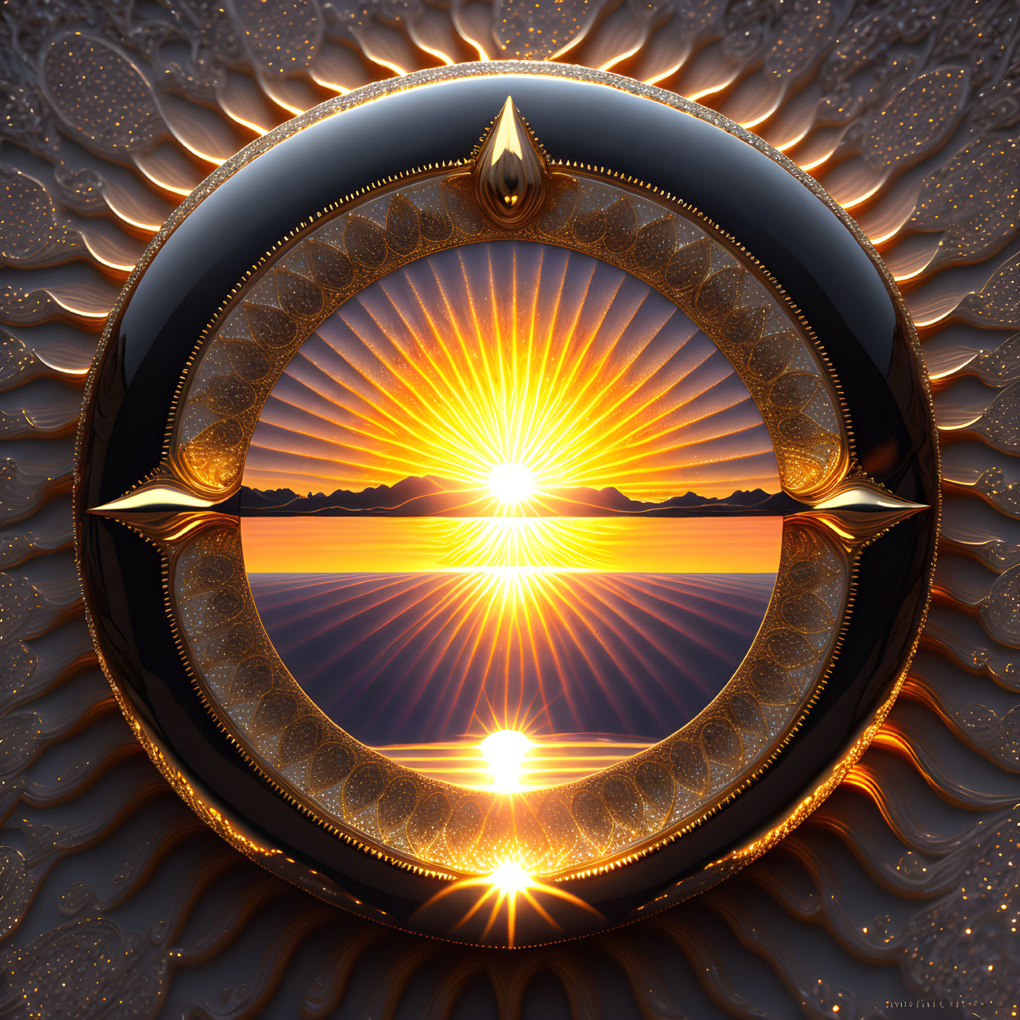 Circular Sunrise Mandala Artwork with Ornate Patterns and Gold Accents