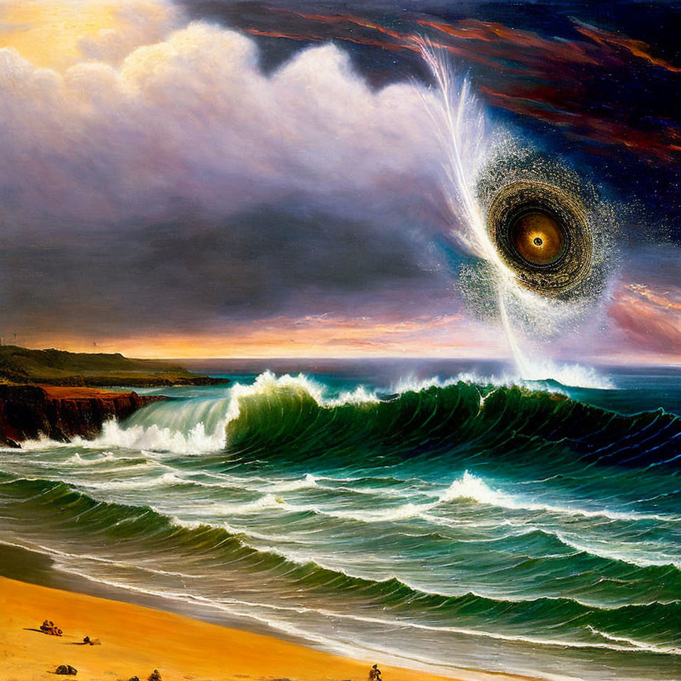 Surreal painting of stormy seascape with swirling vortex sky