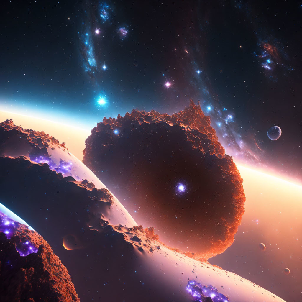 Colorful cosmic scene: asteroid field, glowing stars, galaxies, warm sunrise gradient