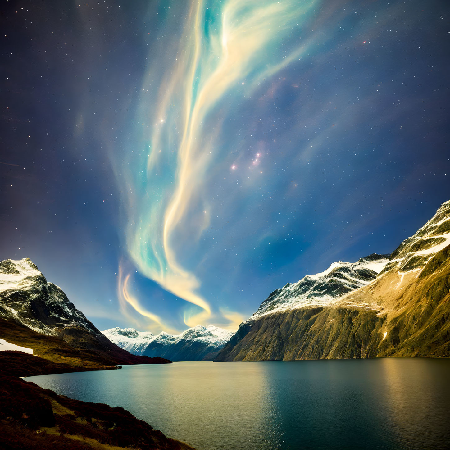 Auroras Dance Over Snow-Capped Mountain Lake