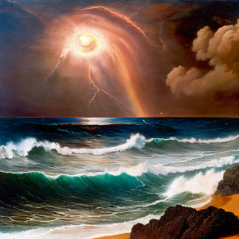 Stormy Seascape with Sun, Rainbow, Lightning, and Waves