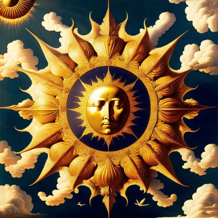 Golden sun with human face and rays against cloudy backdrop.