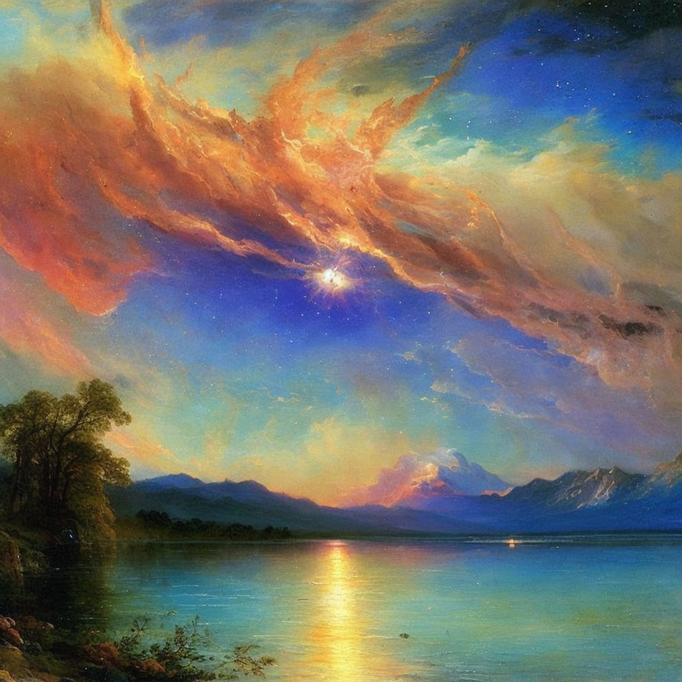 Dramatic sunset painting: vibrant orange clouds, tranquil blue lake, silhouetted trees