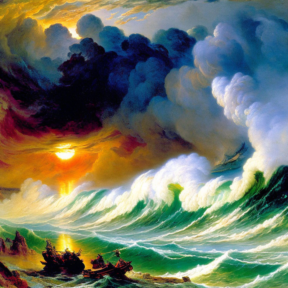 Dramatic maritime painting with turbulent waves and glowing sunset