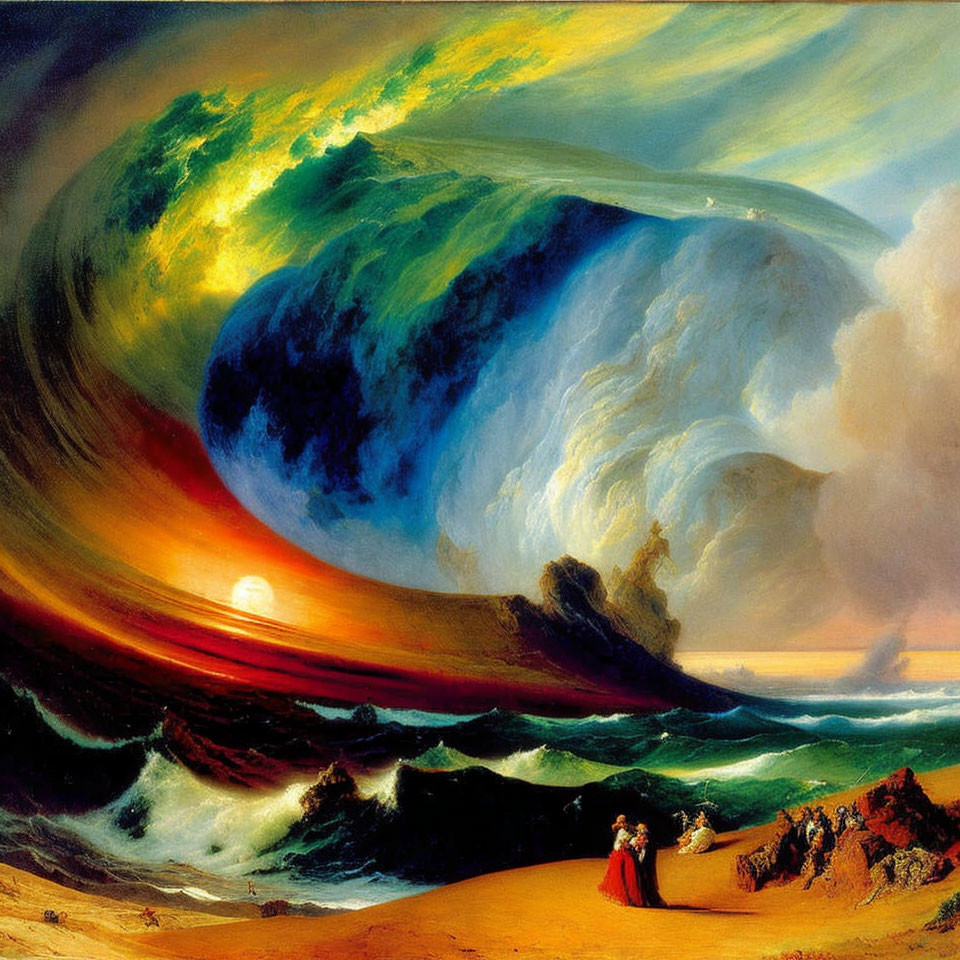 Dramatic painting of massive wave over rocky shore at sunset