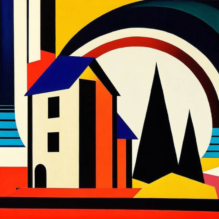 Colorful Abstract Geometric Art with Building Shapes and Rainbow Arch