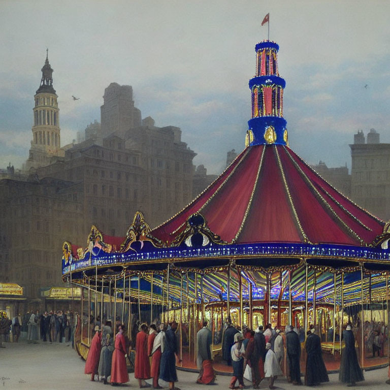 Colorful carousel with lights and horses in bustling city square