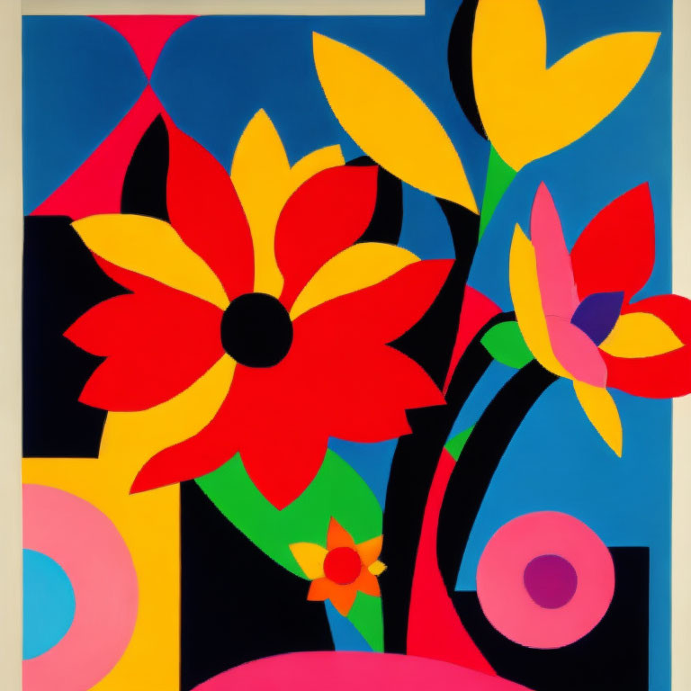 Colorful Abstract Painting with Stylized Flowers on Geometric Background