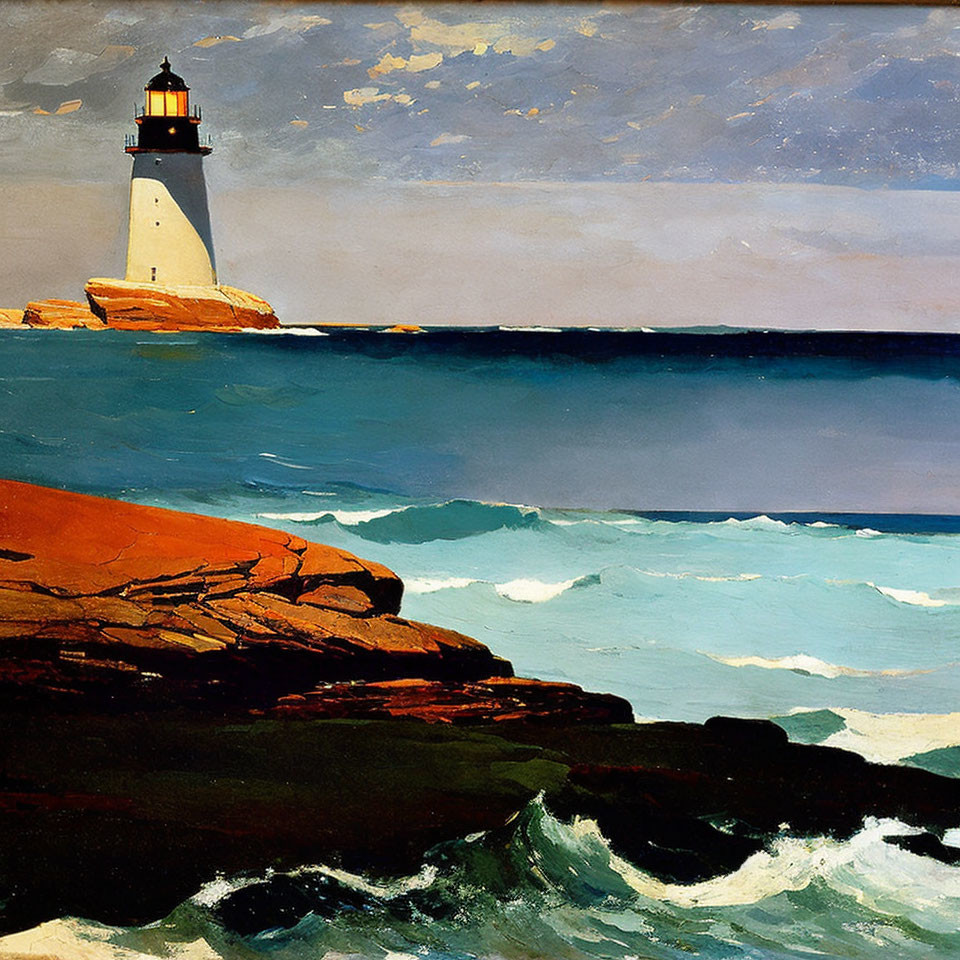 Lighthouse painting: rocky cliff, crashing waves, blue sky