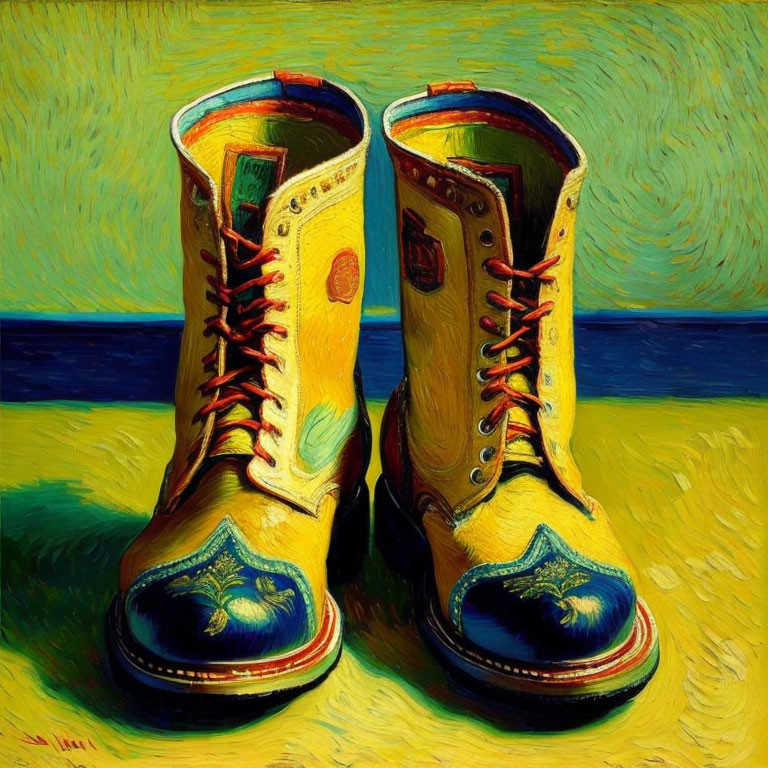 Yellow Boots with Red Laces and Blue Decorative Patterns in Van Gogh-Inspired Impasto