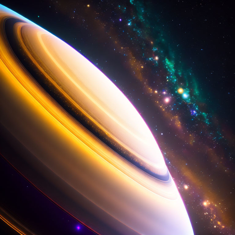 Colorful Saturn with prominent rings in cosmic space