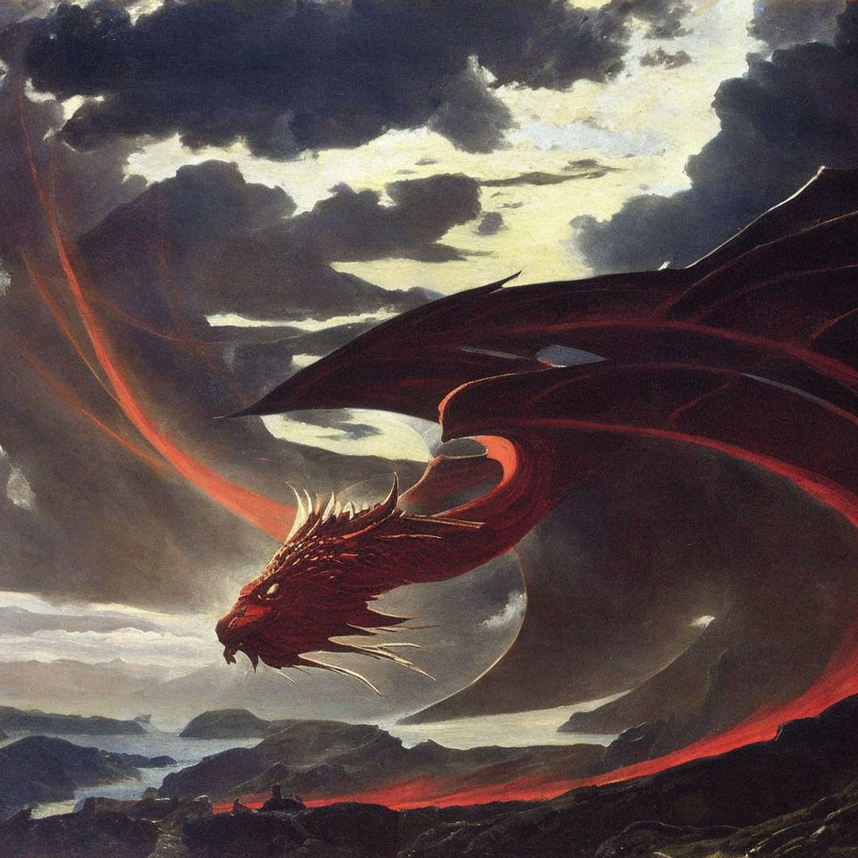 Red dragon flying under stormy sky with moon and rocky terrain