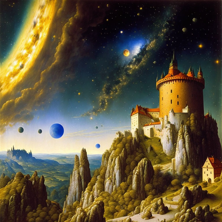 Fantastical landscape with castle, comet, and planets