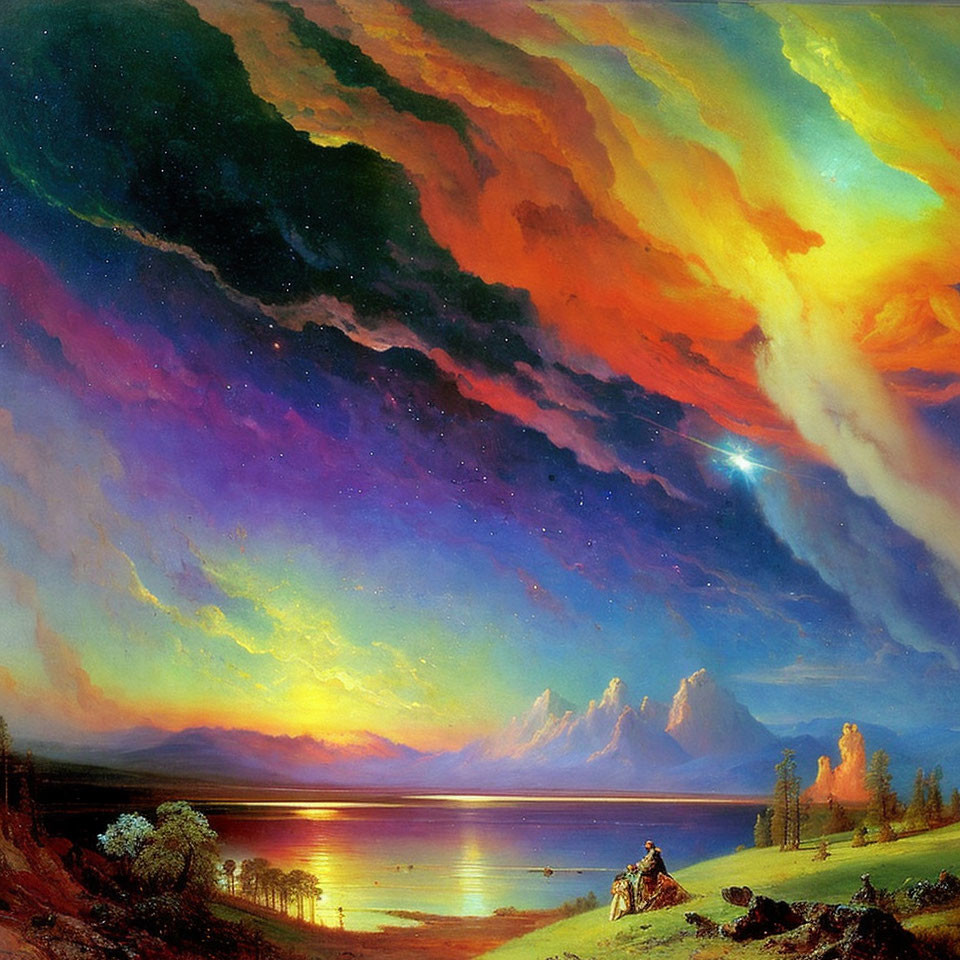 Vibrant sunset landscape painting with luminous clouds over tranquil lake