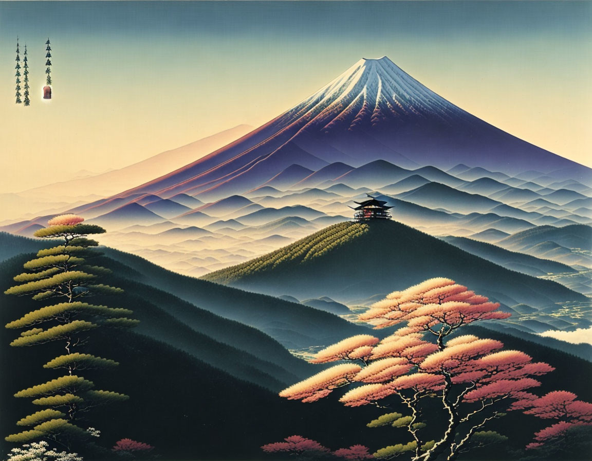 Mount Fuji with Pagoda and Hanging Scrolls in Green and Pink Landscape