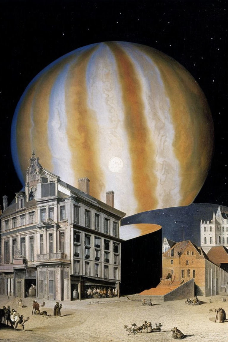 Surreal artwork: Jupiter over 19th-century European street