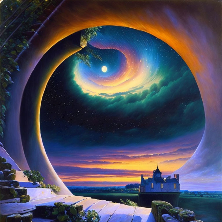 Surreal night sky painting with moon, vortex, and castle landscape