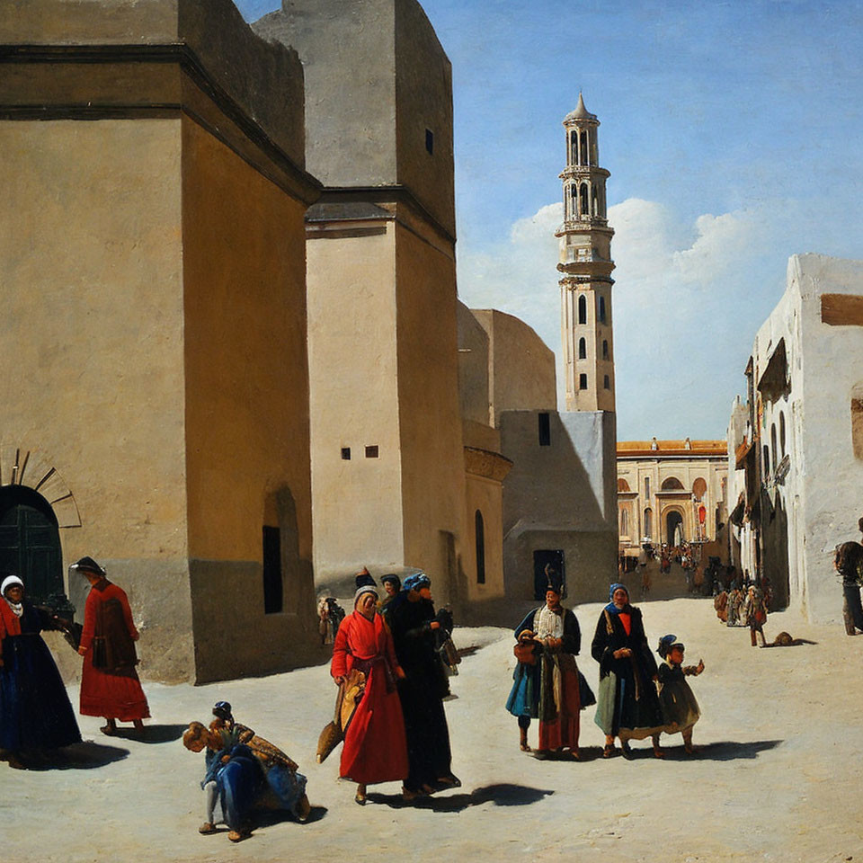 Middle Eastern town street scene with traditional attire and minaret architecture.