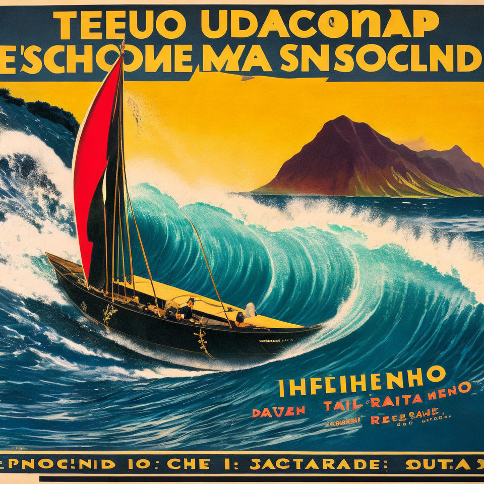 Vintage Travel Poster: Sailing Boat on Blue Waves and Mountains