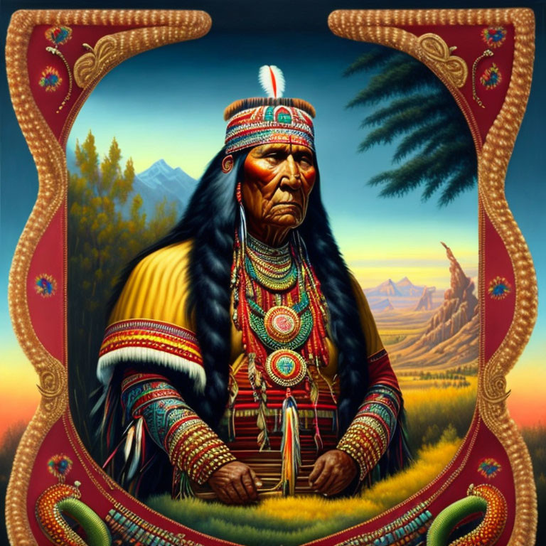 Native American Chief in Traditional Attire Illustration with Feather Headdress