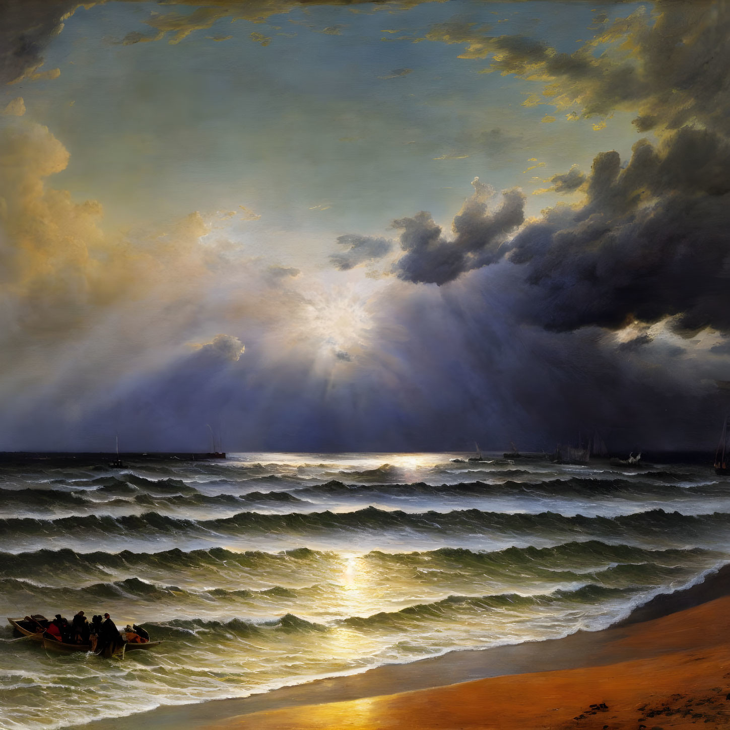 Sunlit boat on stormy sea near golden shoreline