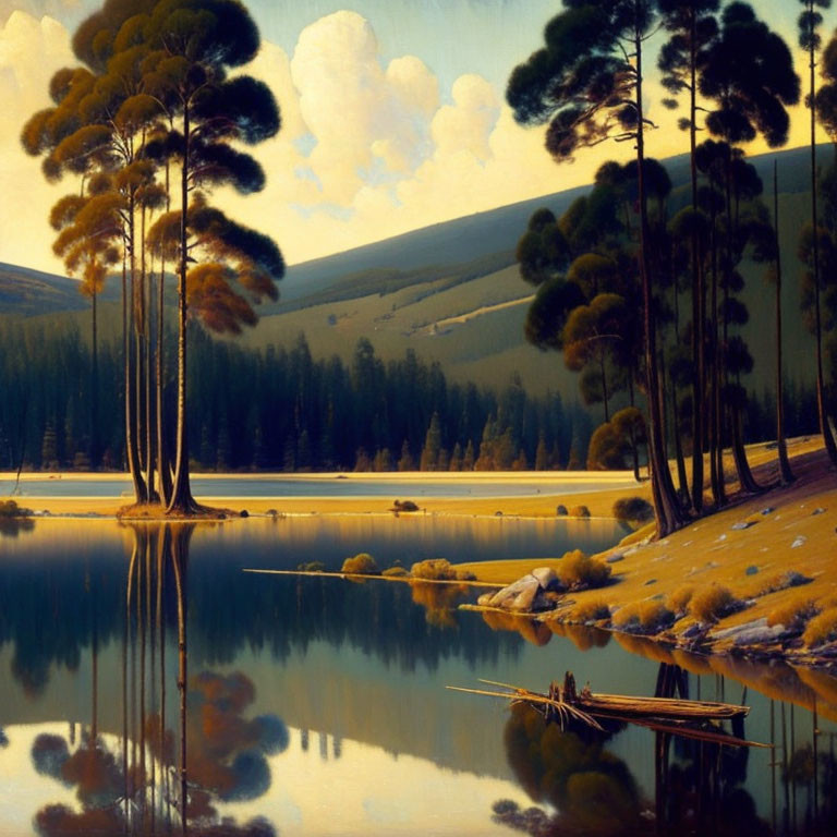 Tranquil landscape: tall trees, still lake, rolling hills, cloudy sky