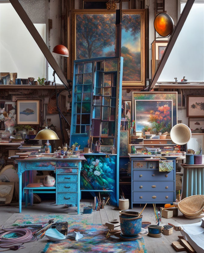 Vibrant paintings in cluttered studio with art supplies & large windows