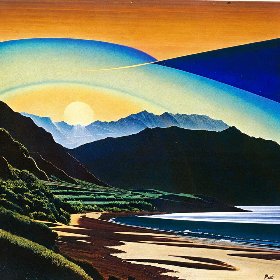 Colorful Sunset Painting Over Mountainous Landscape and Beachfront