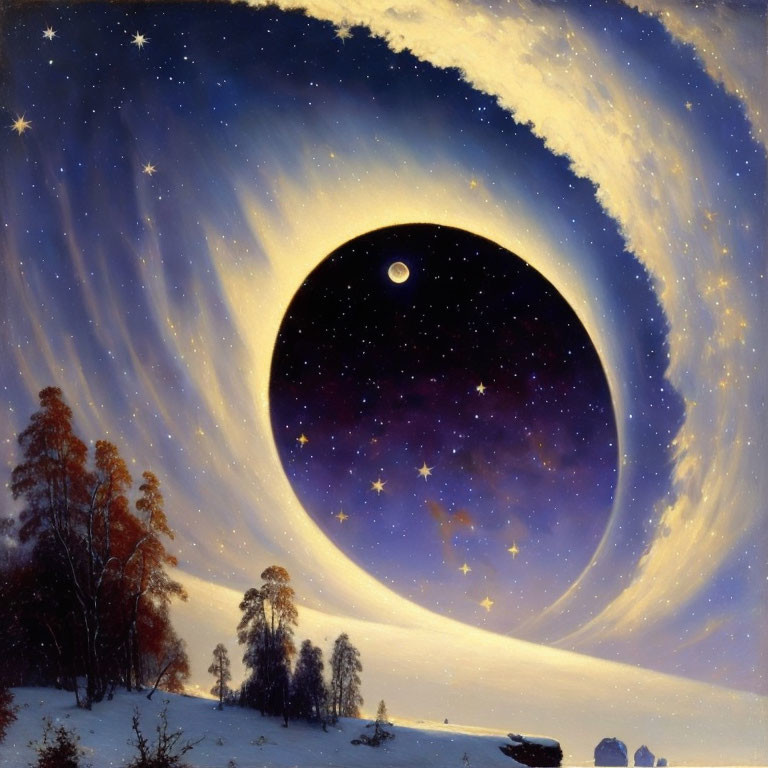 Surreal Winter Landscape with Cosmic Void and Moon