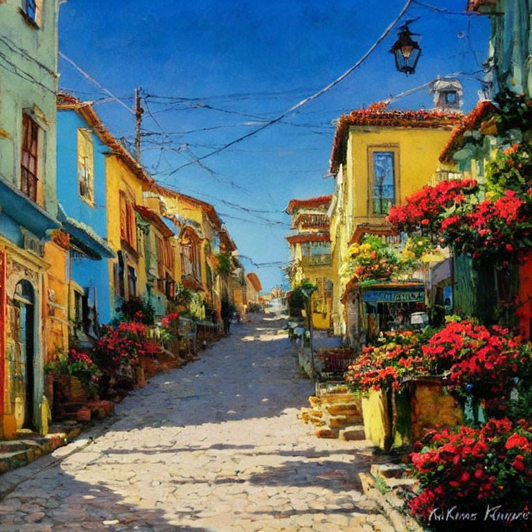 Colorful painting of sunny street with flowers & houses