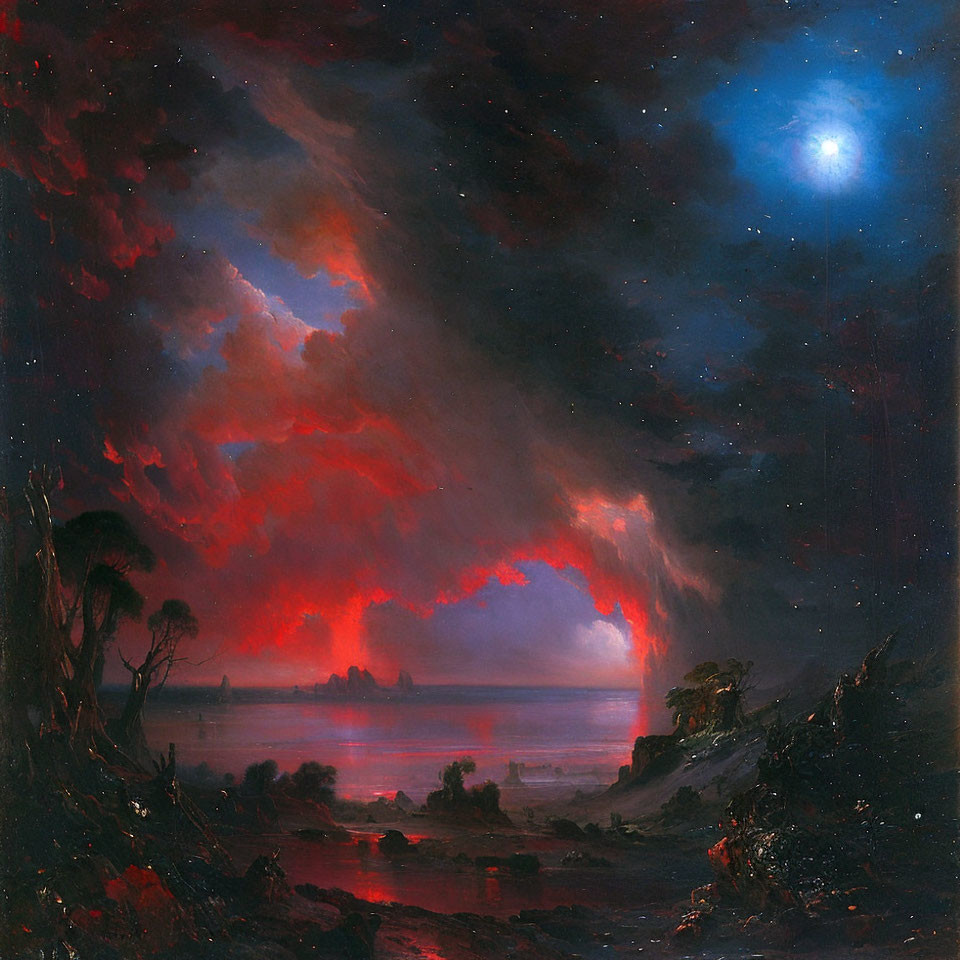 Night sky landscape painting with bright moon, red clouds, tranquil sea, and tree silhouettes