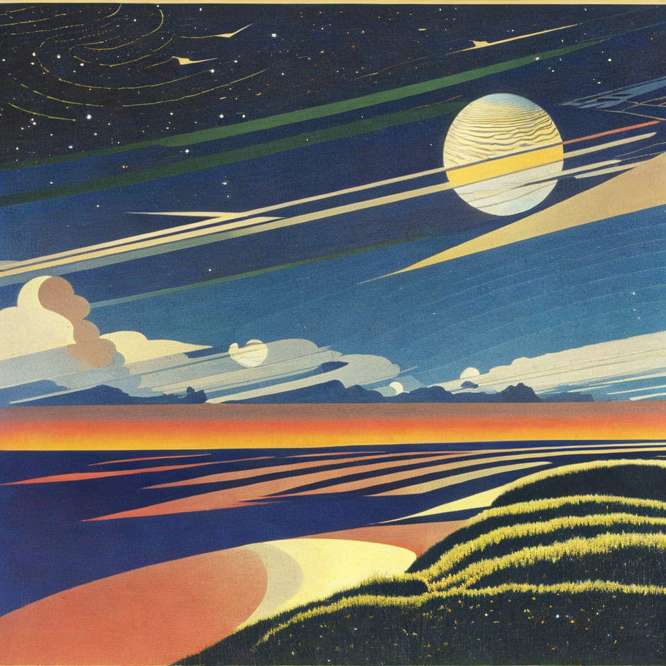 Stylized vintage landscape with colorful sunset and planets in starry sky