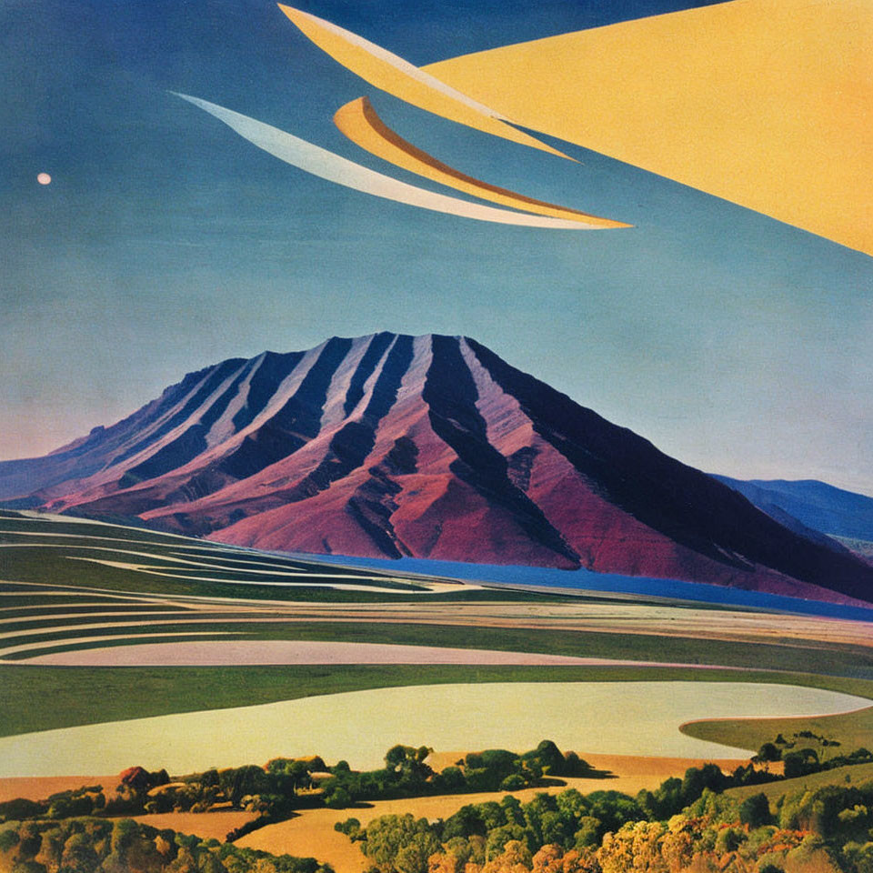 Striped Mountain Landscape with Crescent Sky & Celestial Body