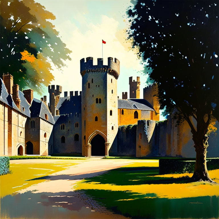 Medieval castle illustration with round tower and battlements against nature backdrop