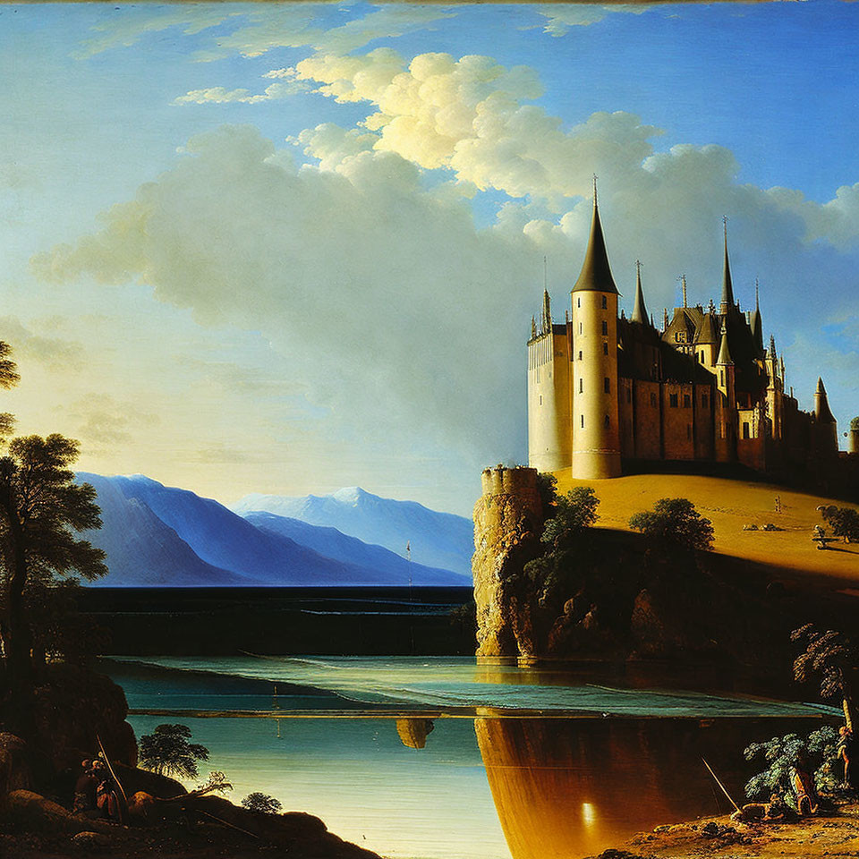 Castle on Lakeside Cliff with Towering Spires and Dramatic Sky