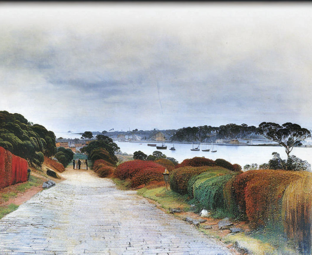 Tranquil landscape with cobblestone path, people, shrubbery, and sailboats